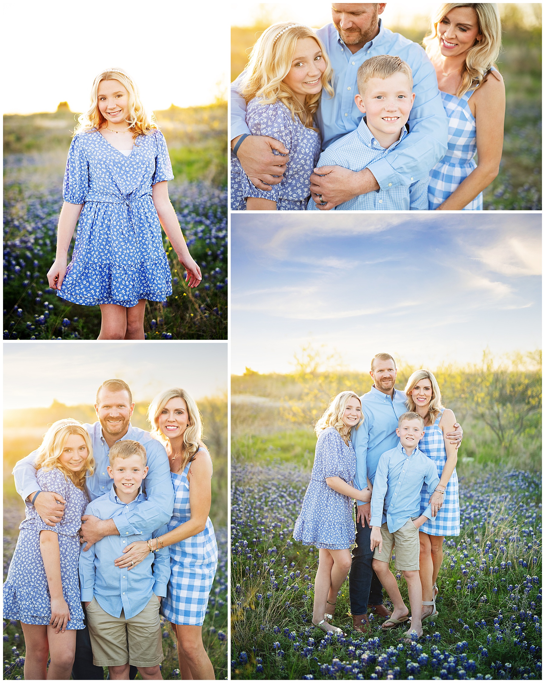 family of four taking photos in the bluebonnet field