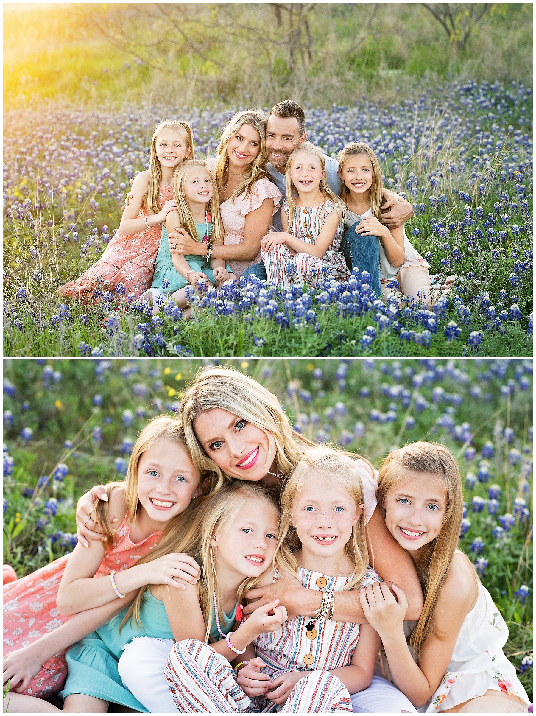 large family sitting within the bluebonnets
