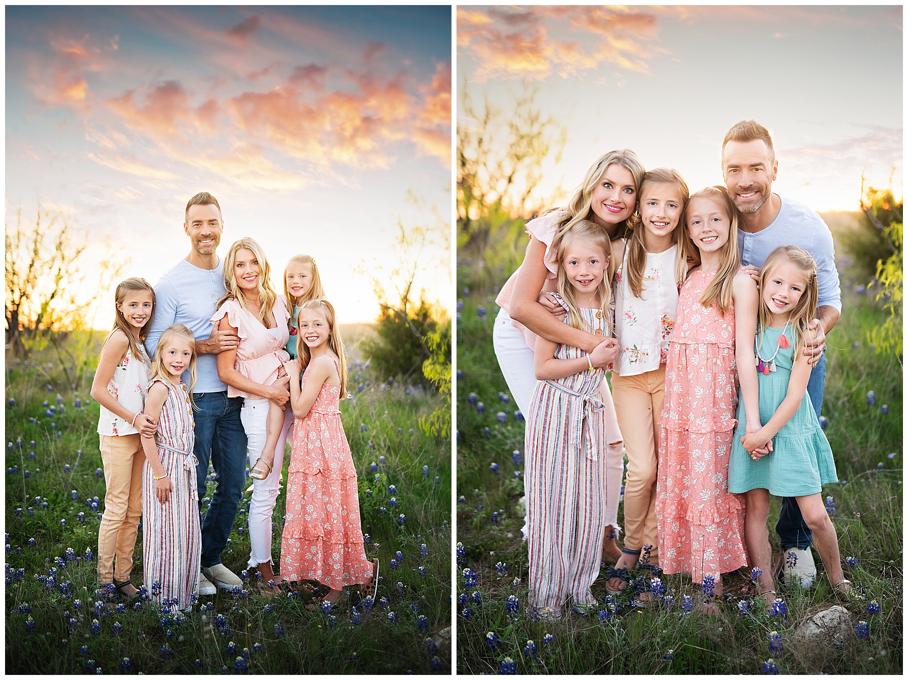 mom and dad with their four daughters within the bluebonnets