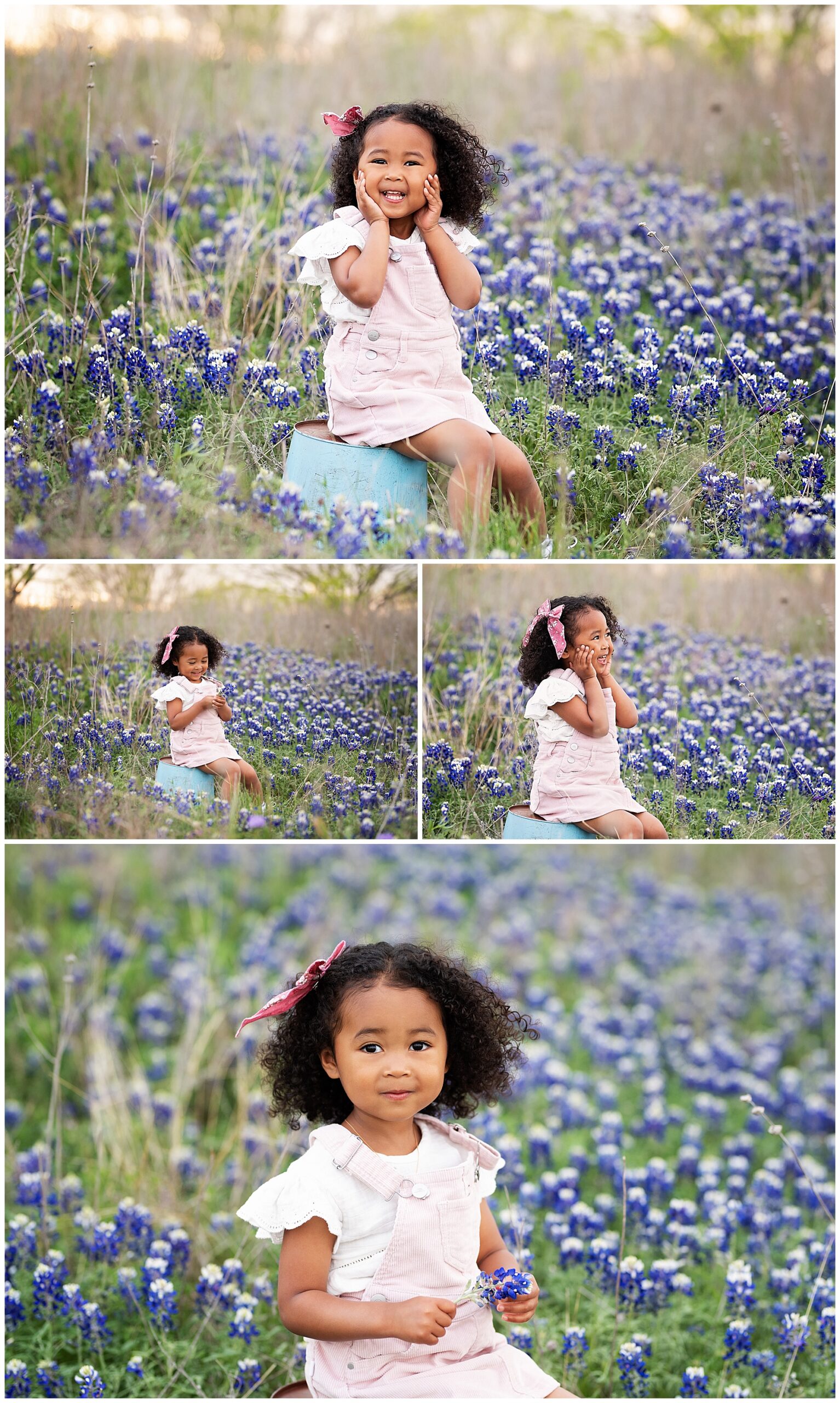 happy big sister sitting in the bluebonnets