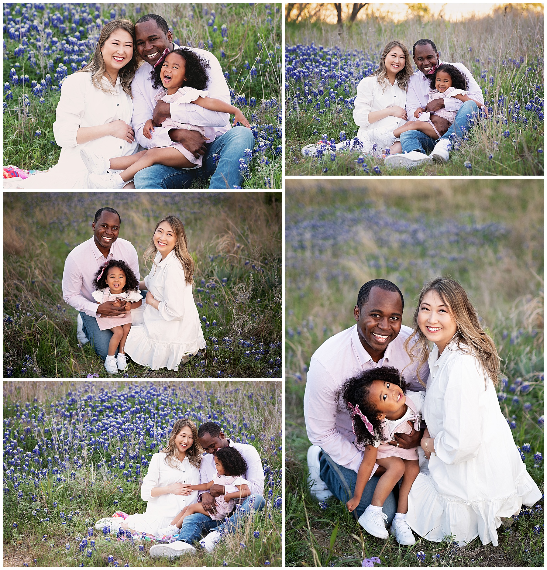 family of three sitting in the bluebonnets before their second daughter arrives 