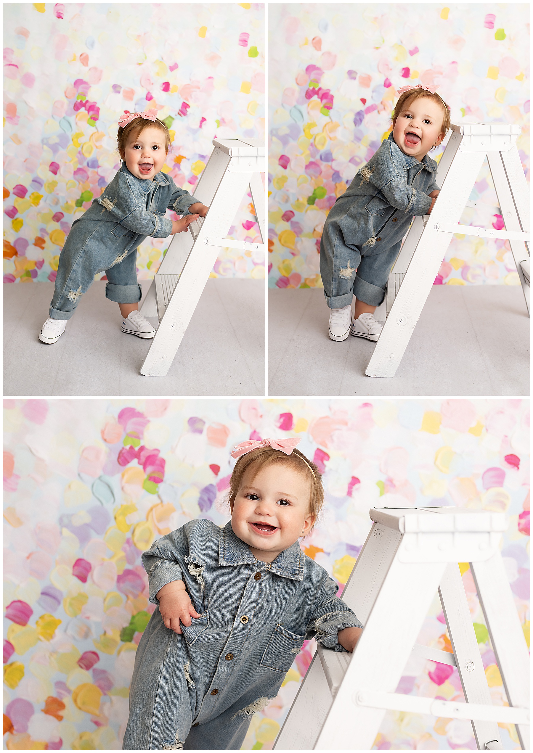 baby photos in the studio with a white ladder prop