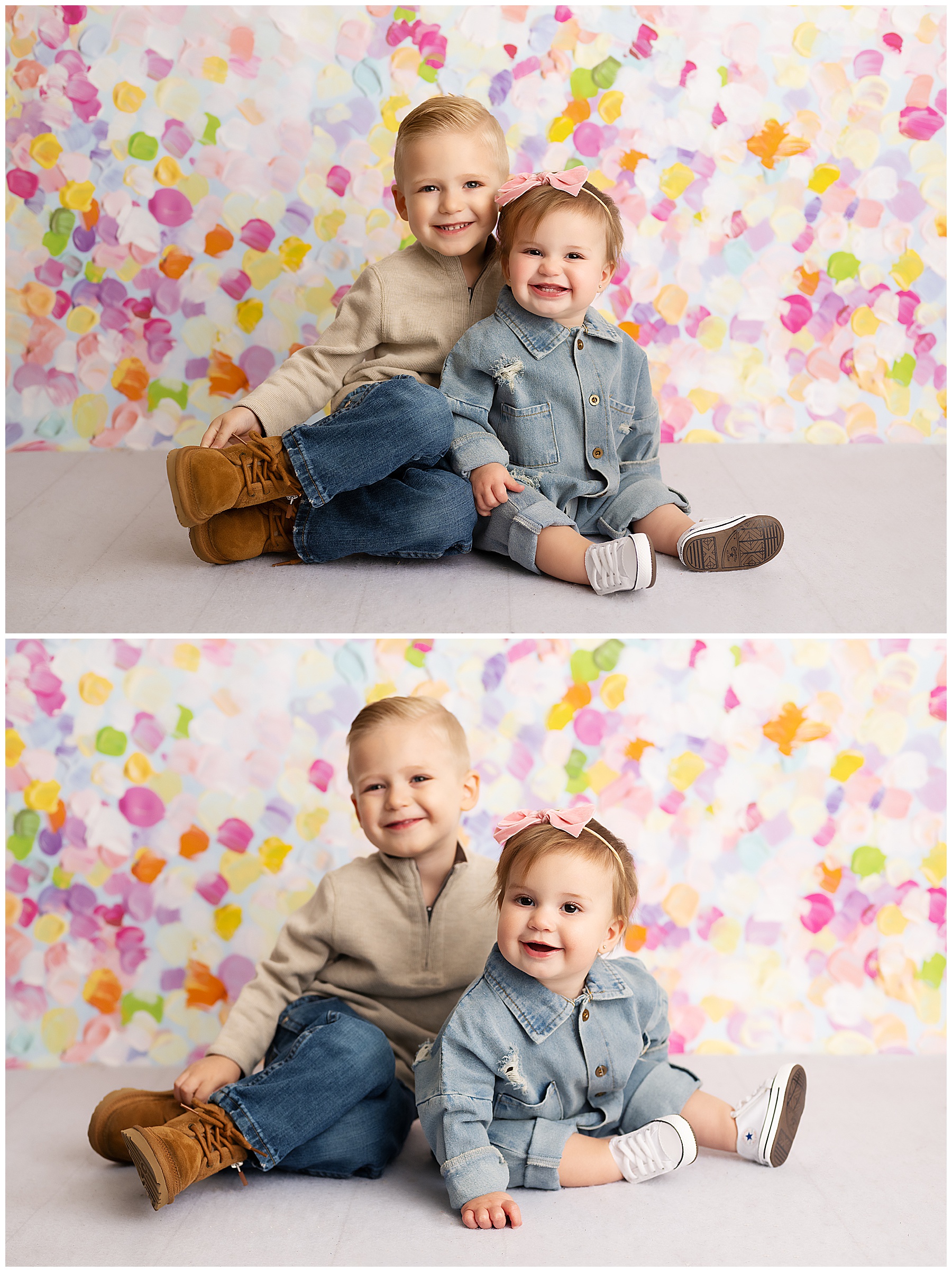 brother and sister smiling and sitting perfectly for the photographer