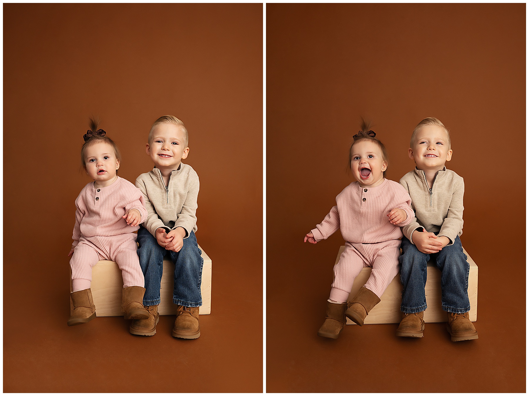 brother and sister happily sitting together during their photo session