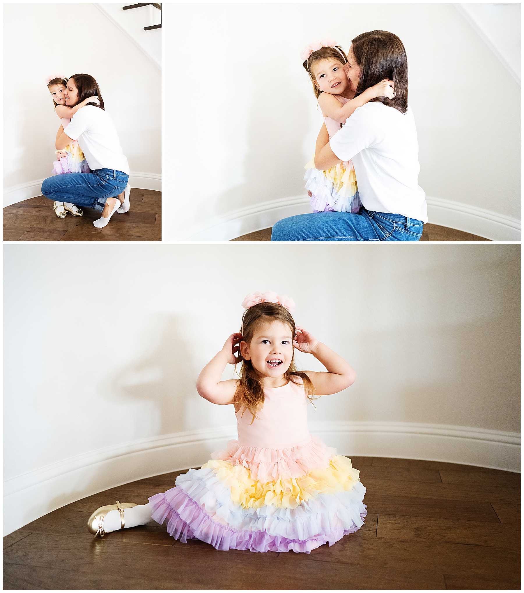 three year old hugging her mom for snacks during her photo session