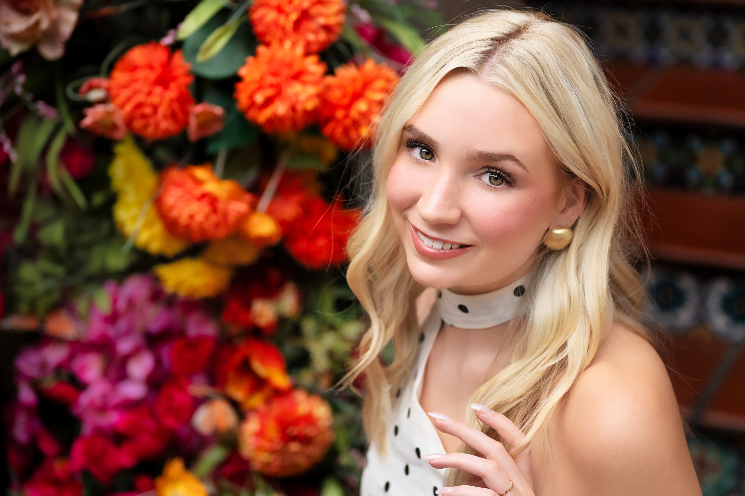 Close-up portrait of senior girl with golden hour light, Highland Park Village senior photo session